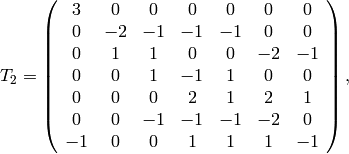 T_2=\left(\begin{array}{ccccccc}
3&0&0&0&0&0&0\\
0&-2&-1&-1&-1&0&0\\
0&1&1&0&0&-2&-1\\
0&0&1&-1&1&0&0\\
0&0&0&2&1&2&1\\
0&0&-1&-1&-1&-2&0\\
-1&0&0&1&1&1&-1
\end{array}\right),