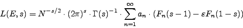 \begin{displaymath}
L(E,s) = N^{-s/2}\cdot (2\pi)^s\cdot \Gamma(s)^{-1}\cdot
\su...
...\infty} a_n \cdot \left(F_n(s-1) - \varepsilon F_n(1-s)\right)
\end{displaymath}