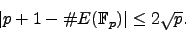 \begin{displaymath}
\vert p+1 - \char93 E(\mathbb{F}_p) \vert \leq 2\sqrt{p}.
\end{displaymath}