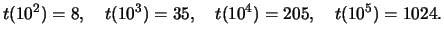 $\displaystyle t(10^2)=8, \quad t(10^3)=35,\quad t(10^4)=205, \quad t(10^5)=1024.$