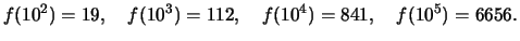 $\displaystyle f(10^2) = 19, \quad f(10^3)=112, \quad f(10^4)=841,
\quad f(10^5) = 6656.$