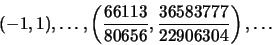 \begin{displaymath}
(-1,1), \ldots, \left(\frac{66113}{80656}, \frac{36583777}{22906304}\right), \ldots
\end{displaymath}