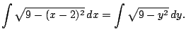 $\displaystyle \int \sqrt{9 - (x-2)^2}   dx
= \int \sqrt{9 - y^2}   dy.
$